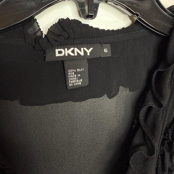 DKNY Black Silk Ruffle Front Blouse Size 6 Sheer Long Sleeve Top - Picture 2 of 12